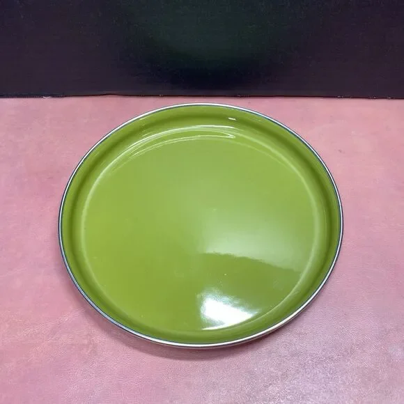 Vintage Mid Century Modern Enamel Saucepan Plate Fondue Pot Wood Handle Green - Picture 3 of 12